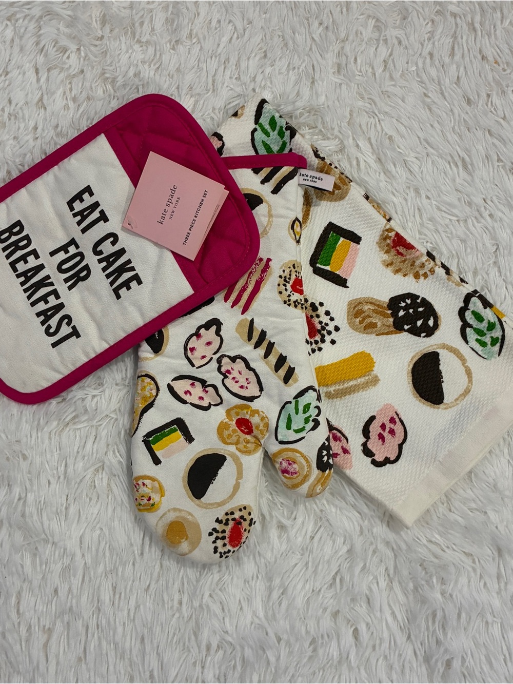 Kate Spade Eat Cake For Breakfast 3 Piece Set Towel, Oven Mitt, Pot Holder NWT